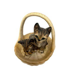 Realistic Two Striped Kittens in Basket Figurine Knick Knack 3.5"H